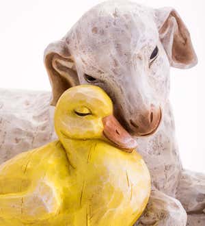 Goat and Duckling Resin Statue With Look of Carved Wood