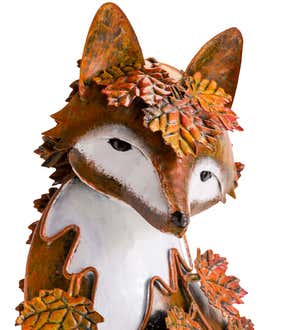 Handcrafted Metal Fox Sculpture Draped in Fall Leaves