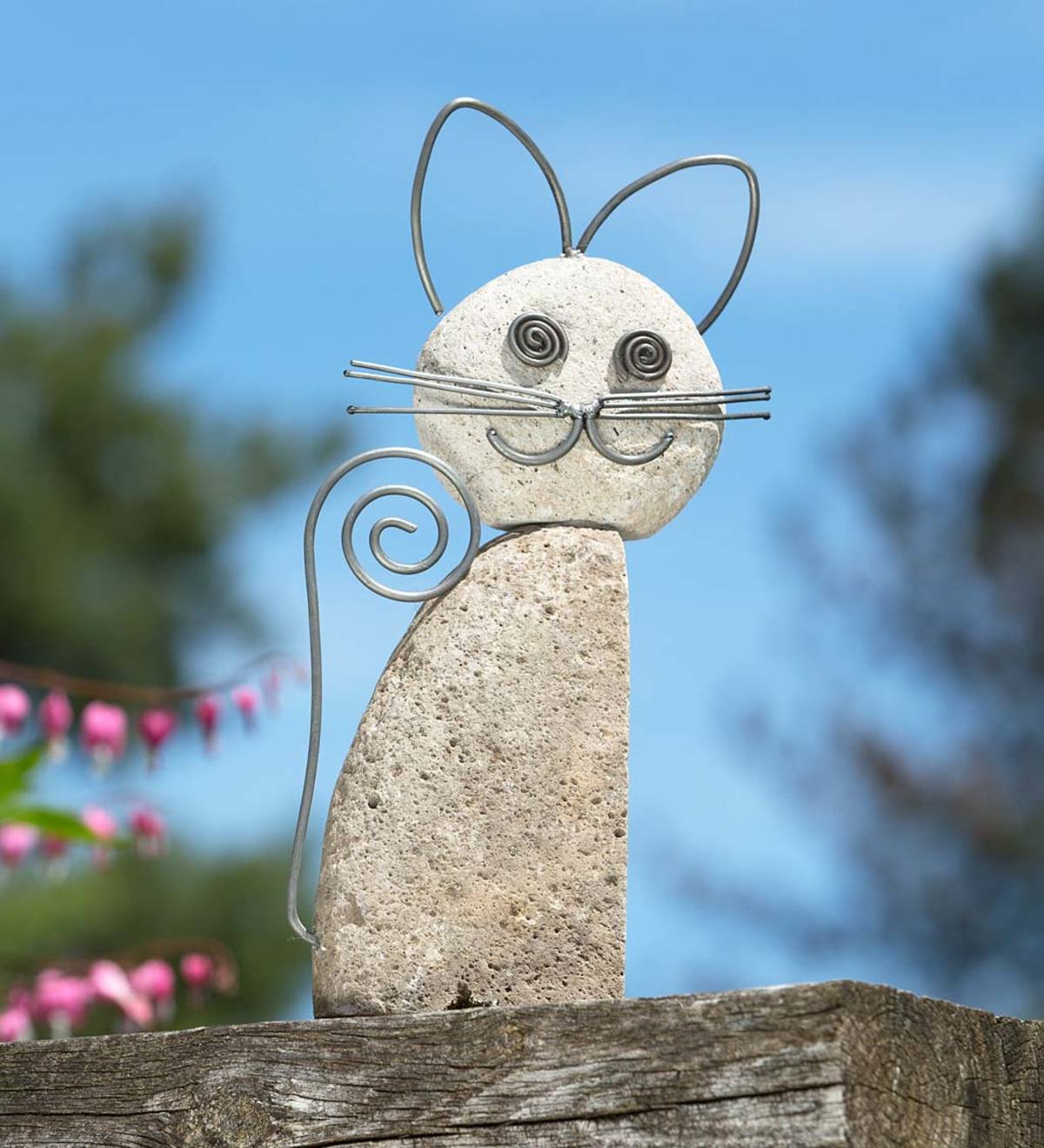 Handcrafted Natural River Stone and Metal Wire Cat Sculpture