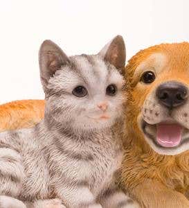 Golden Retriever Puppy With Gray-Striped Kitten Sculpture