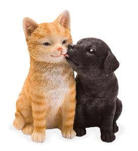 Black Labrador Retriever Puppy Kissing a Ginger-Striped Kitten Sculpture