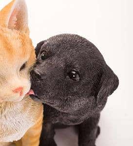 Black Labrador Retriever Puppy Kissing a Ginger-Striped Kitten Sculpture