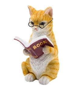 Reading Cat Sculpture with Solar-Powered Lighted Book Pages