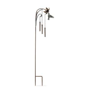 Cast Iron and Aluminum Hummingbird and Flower Wind Chime Stake with Bronze-Colored and Verdigris Finishes