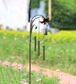 Cast Iron and Aluminum Hummingbird and Flower Wind Chime Stake with Bronze-Colored and Verdigris Finishes
