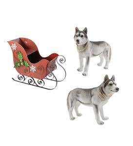 Two Adult Husky Statues with Red Metal Sleigh Decorative Set