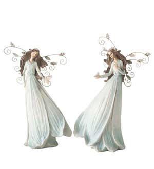 Standing Blue Flower Angels with Metal Wings, Set of 2