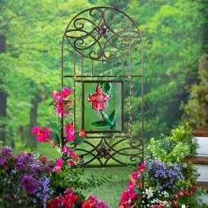 Four Seasons Metal Trellis with Four Painted Glass Inserts and Solar-Powered String Lights