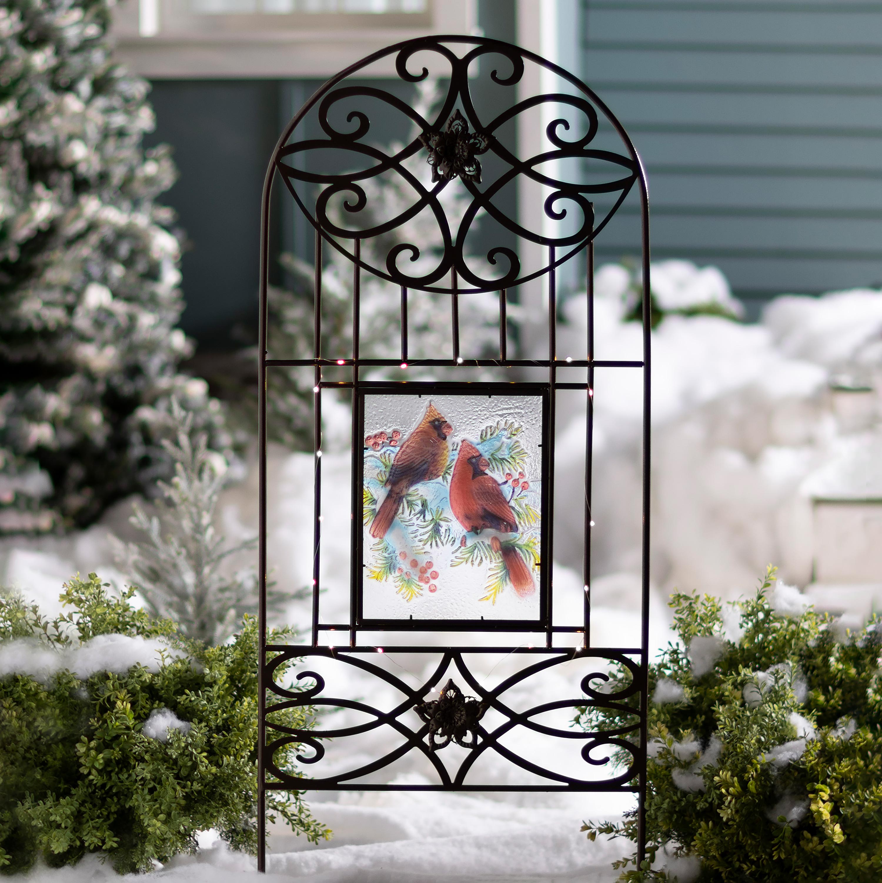 Four Seasons Metal Trellis with Four Painted Glass Inserts and Solar-Powered String Lights
