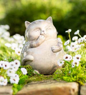 Smiling Chubby Ceramic Kitten Sculpture with Gray Glaze