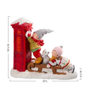Boy and Girl on Sled with Cat Delivering Christmas Letter to Santa Claus