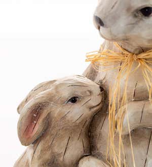 Bunny Family Sculpture, Mama and Two Babies, with Look of Carved Wood