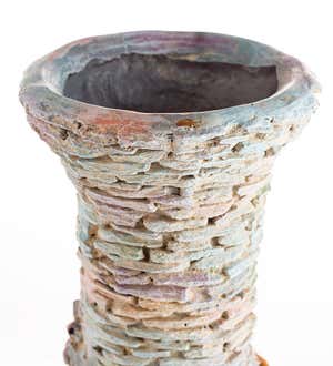 Stacked Faux Rock Non-Watertight Vase with Base and Floral Rope Accent