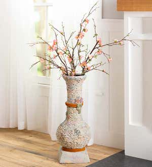 Stacked Faux Rock Non-Watertight Vase with Base and Floral Rope Accent