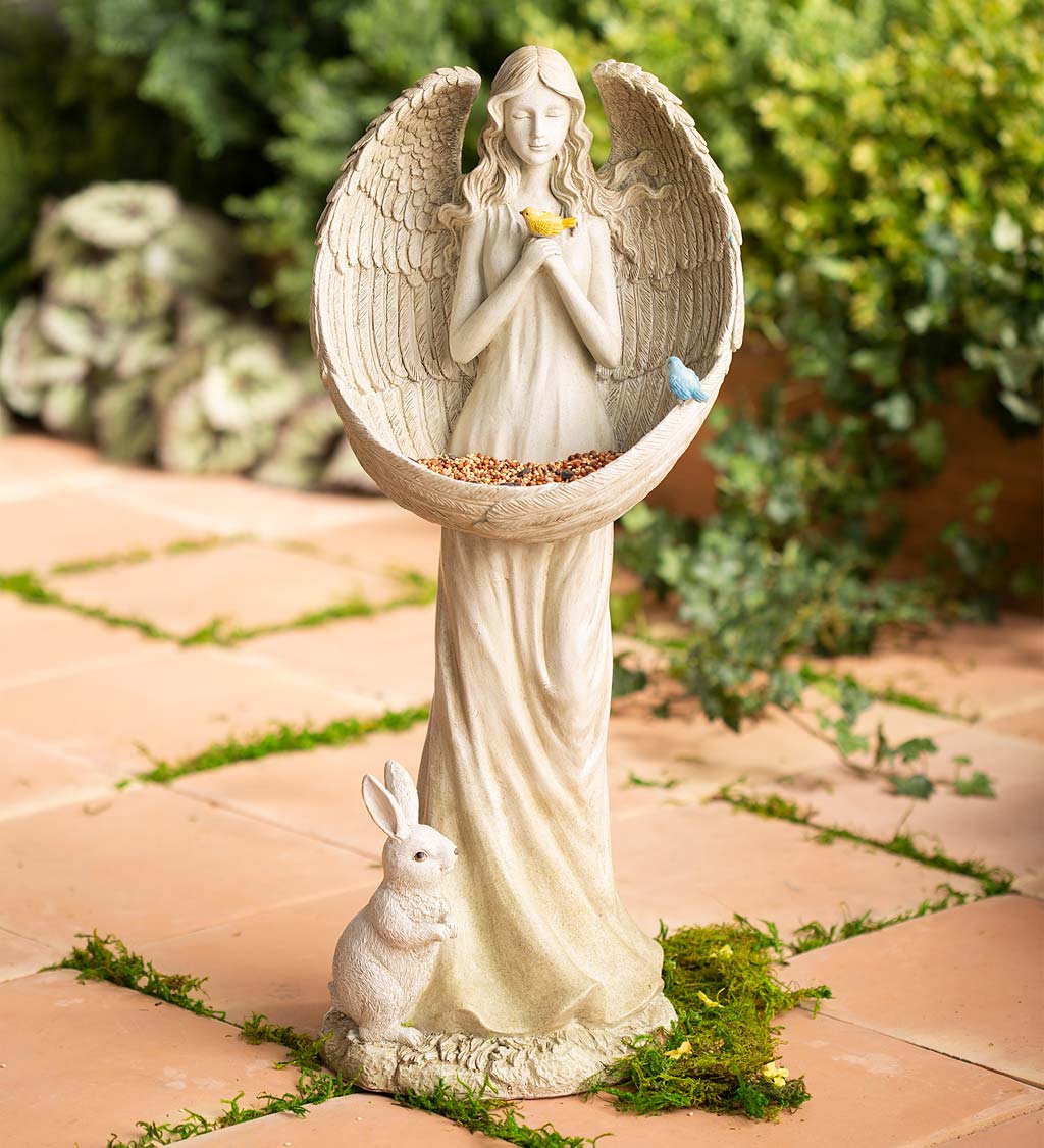 Angel Bunny Garden Statue and Bird Feeder