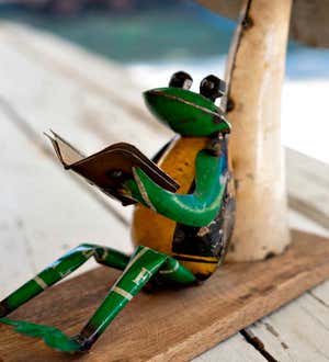 Recycled Metal Frog Reading on Mushroom Garden Statue