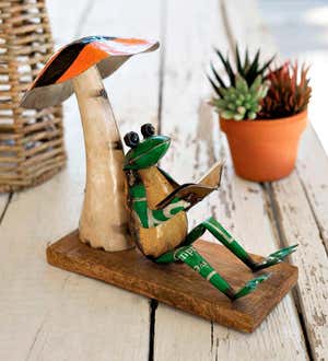 Recycled Metal Frog Reading on Mushroom Garden Statue