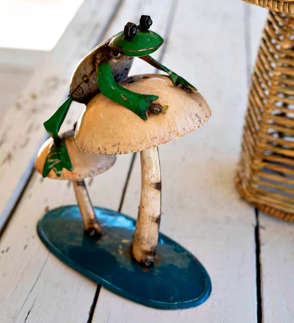 Recycled Metal Frog Climbing on Mushrooms Garden Statue
