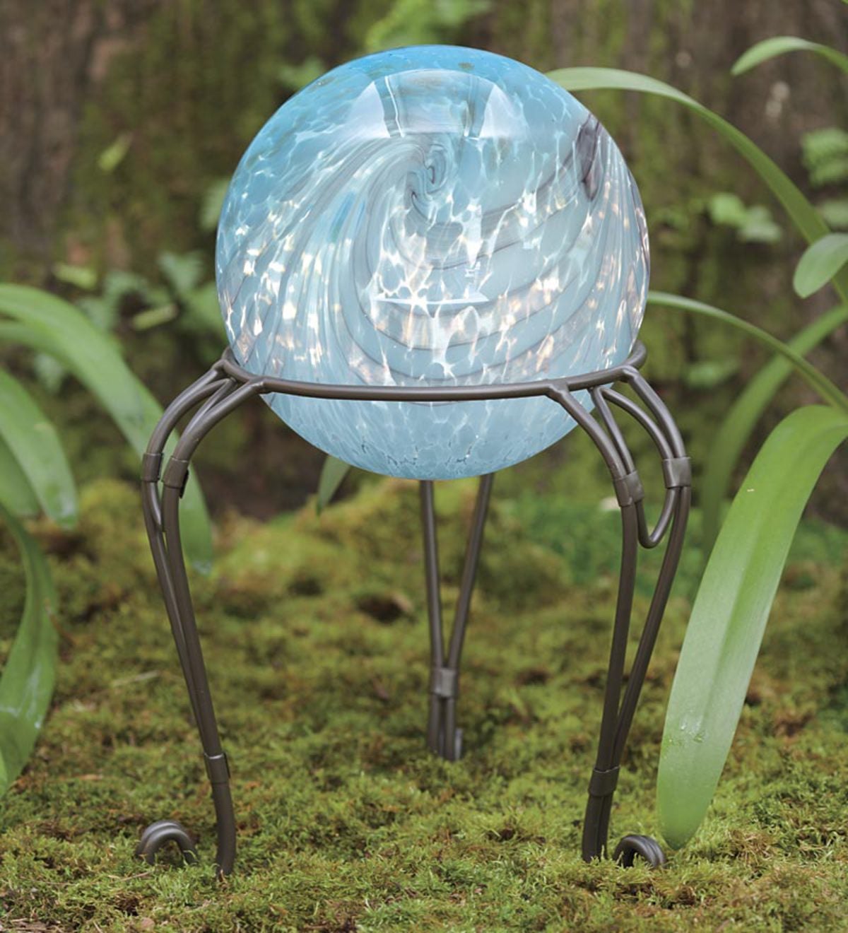 Pearly Glass Gazing Ball With Metal Stand - Blue