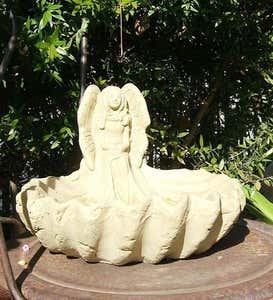 Stone Fairy Sitting On Seashell Bird Feeder - Mossy