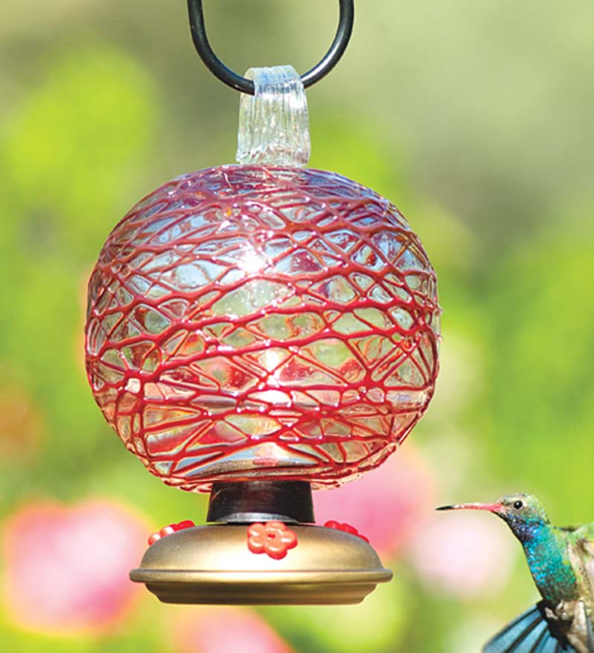 Red Dew Drop Glass Hummingbird Feeder - Red