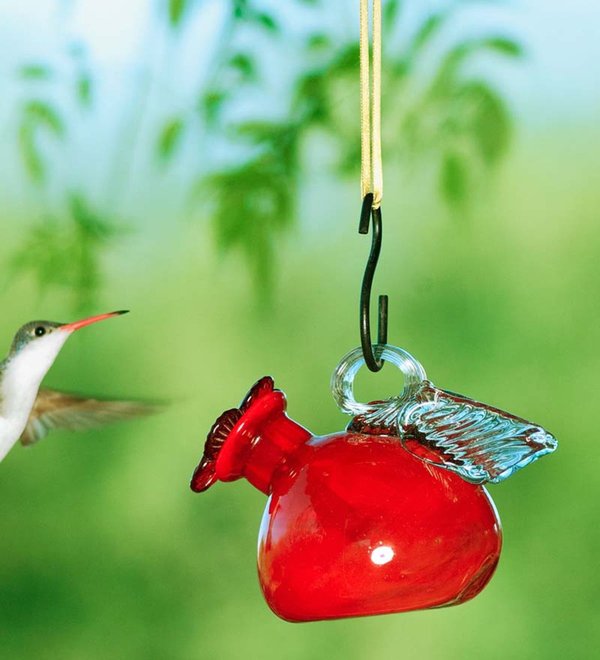 Handcrafted Glass Angel Hummingbird Feeder - Red