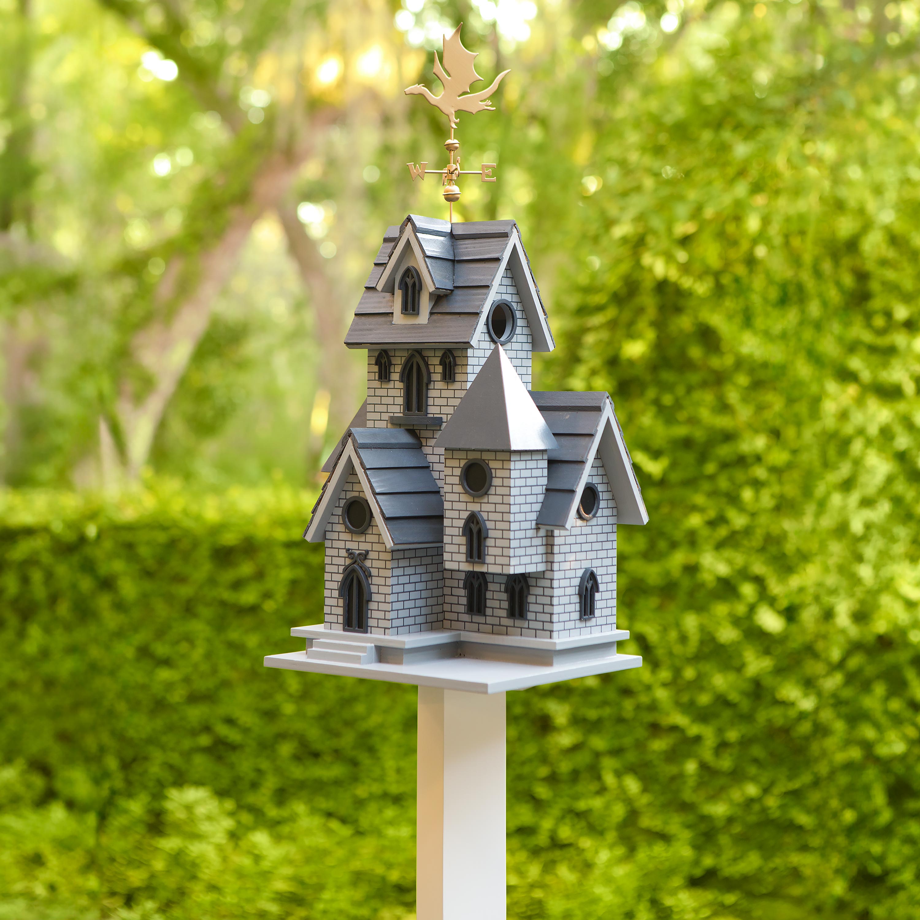 Gothic Castle Birdhouse and Wooden Pedestal