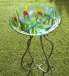 Glass Dragonfly Birdbath with Stand Set