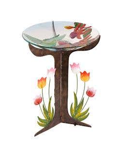 Glass Birdbath and Metal Stand Set - Tulips