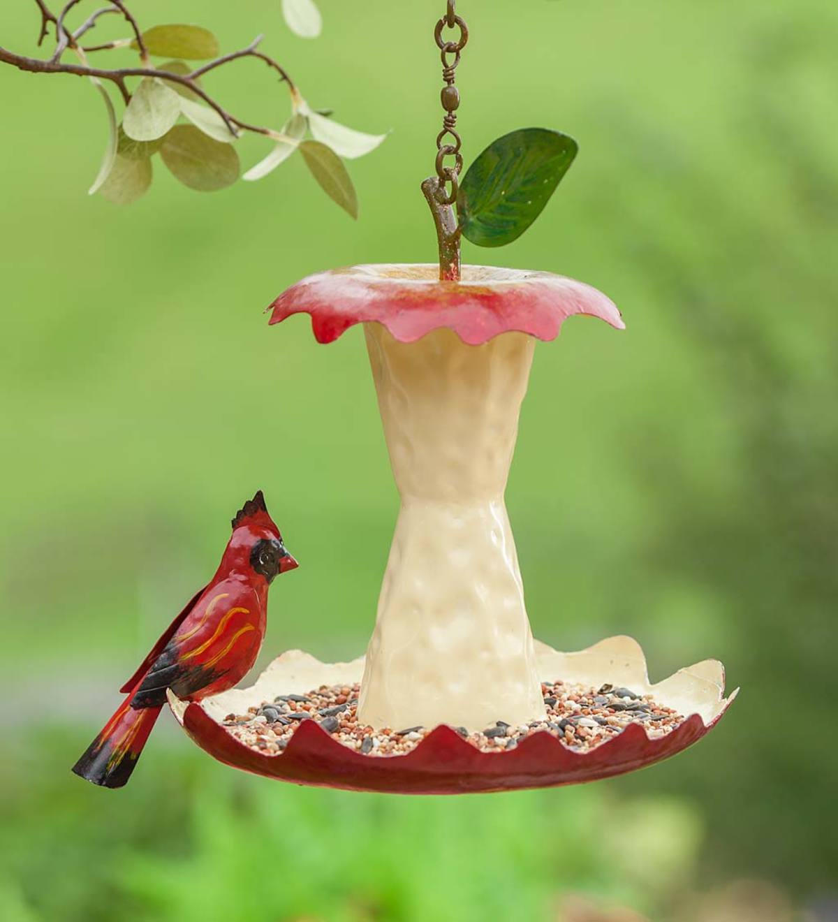 Metal Apple Core Bird Feeder with Cardinal
