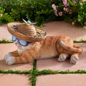 Cat in Sunglasses and Sombrero Bird Feeder with Solar Lighted Butterfly