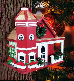 Red Yuletide Cottage Victorian Style Birdhouse