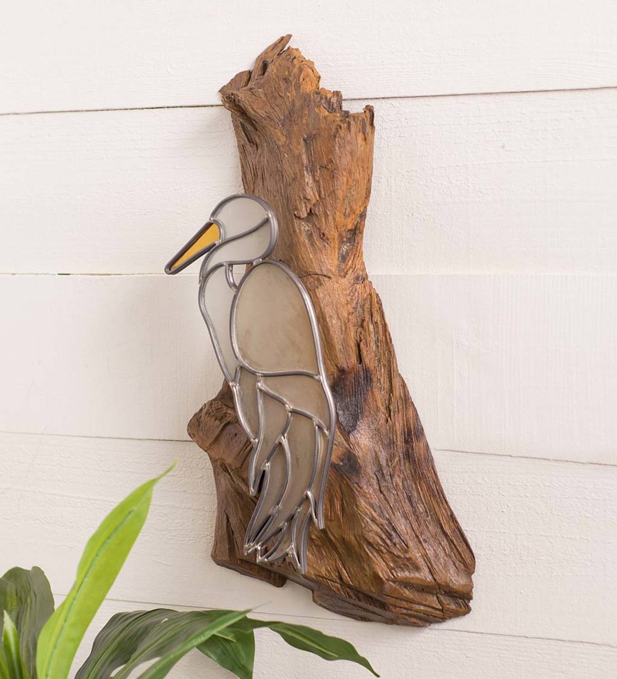 Stained Glass Crane on Teak Wood Wall Art