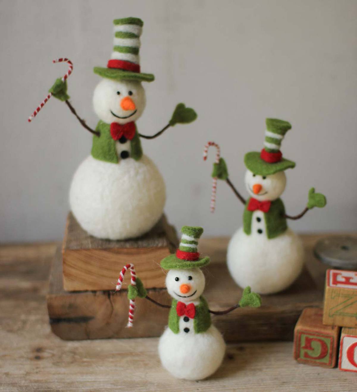 Felt Holiday Snowmen with Candy Canes, Set of 3