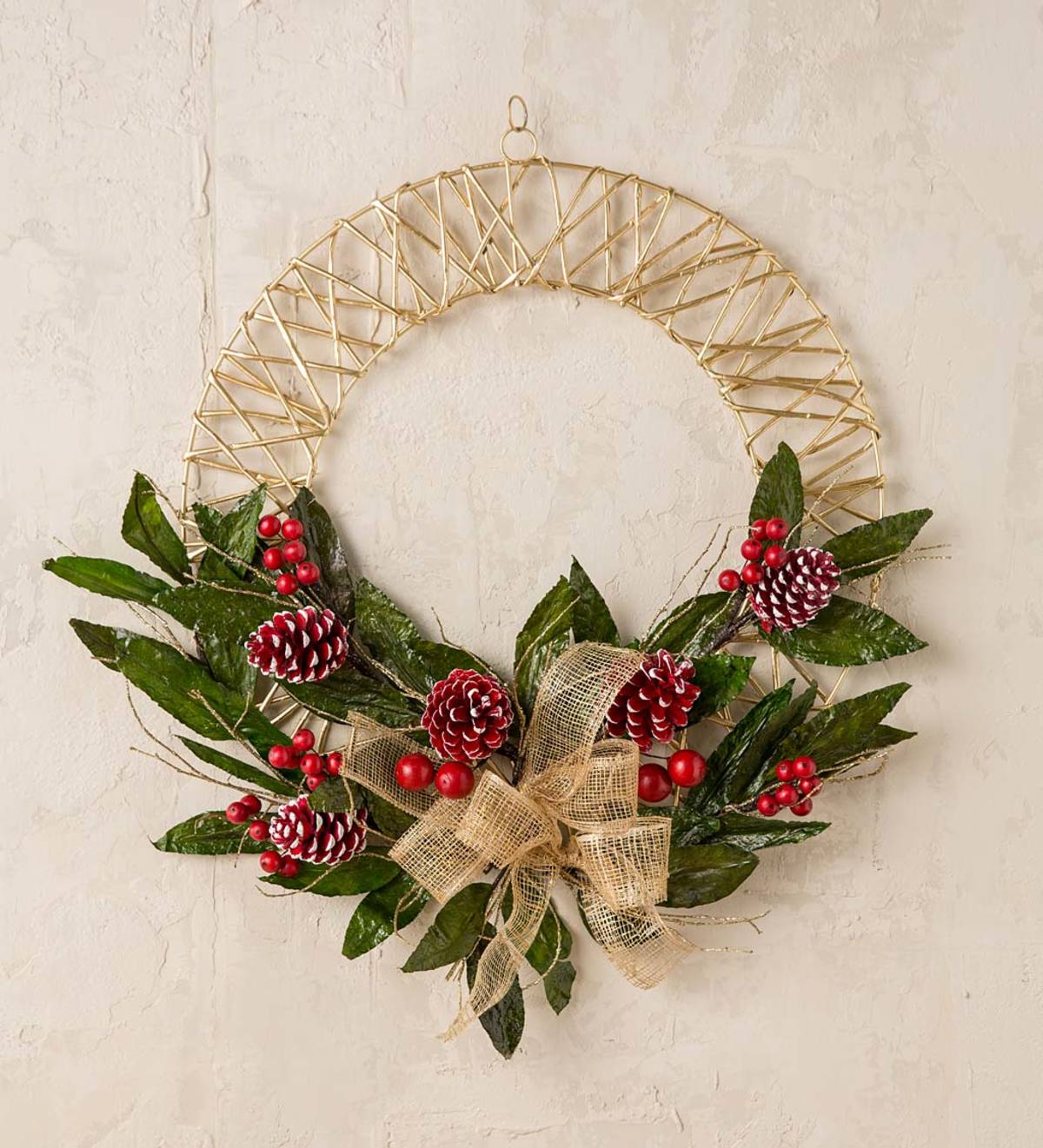 Handcrafted Golden Holiday Wreath with Leaves