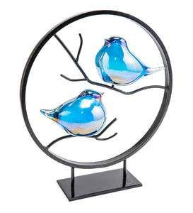 Glass Bird Pair Sculpture in Metal Frame
