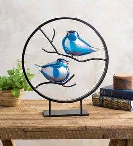 Glass Bird Pair Sculpture in Metal Frame