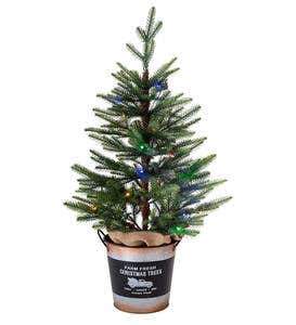 Lighted 36" Artificial Spruce Tree in Galvanized Metal Bucket