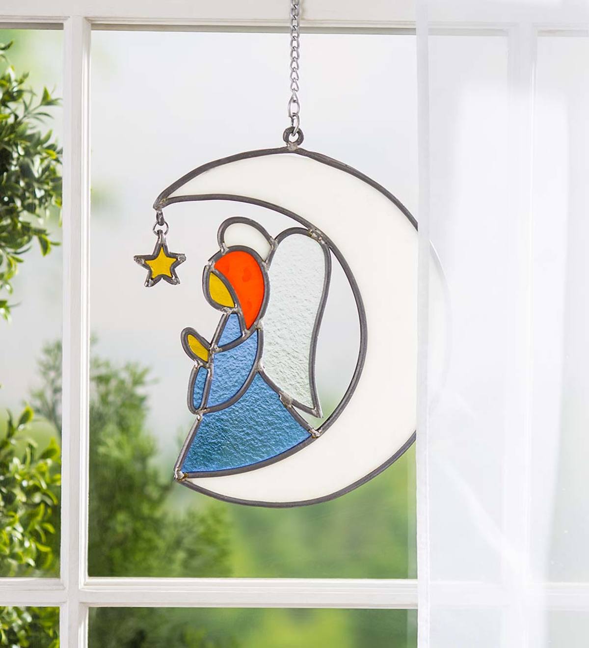 Handcrafted Stained Glass Angel on Moon