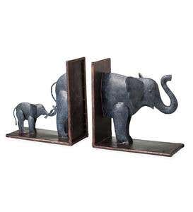 Handcrafted Metal Mother and Baby Elephant Bookends