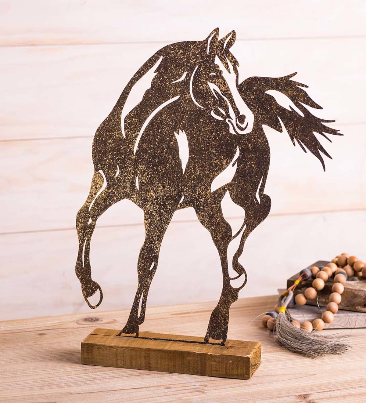 Iron Horse Silhouette on Wooden Stand