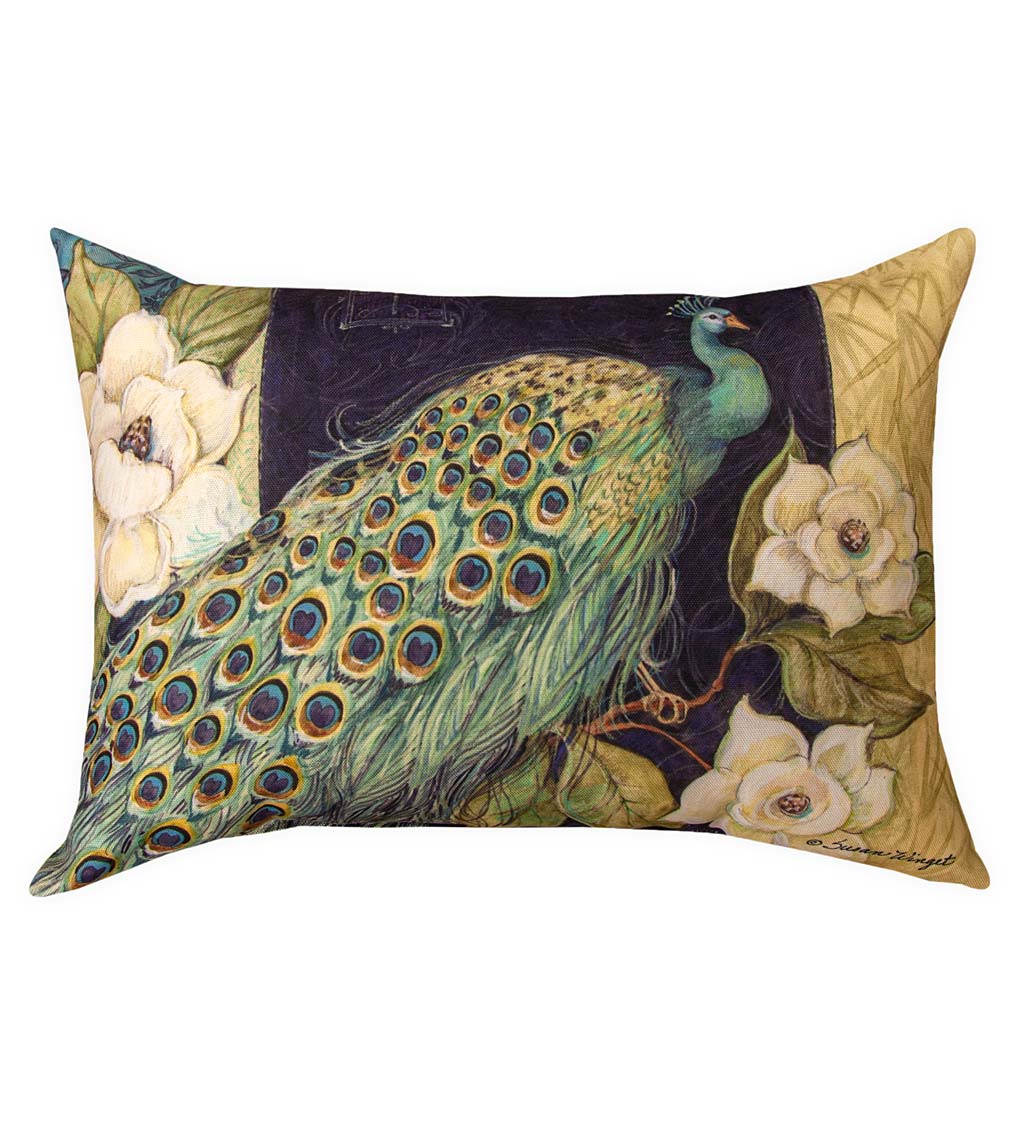 Colorful Rectangular Peacock and Flowers Throw Pillow