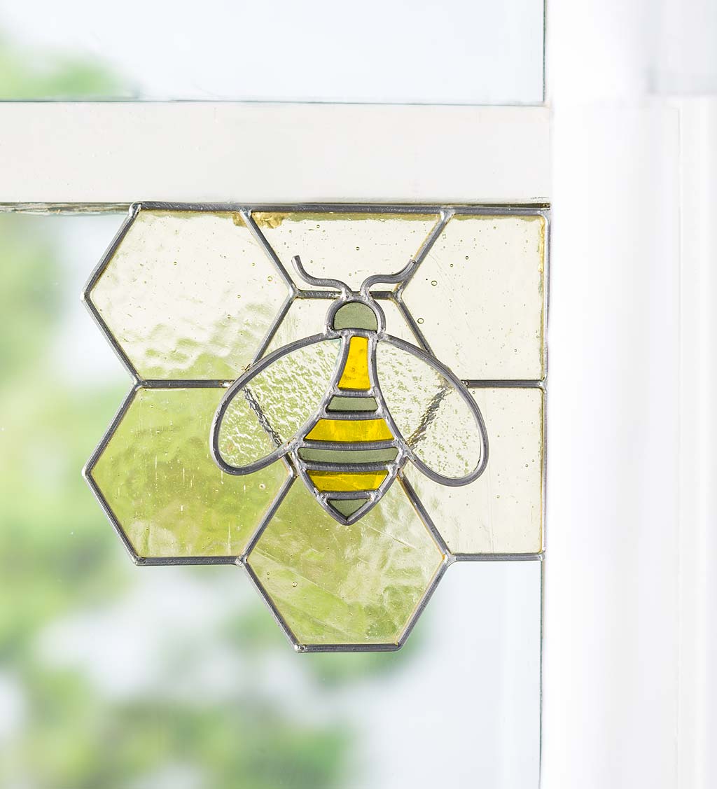 Handcrafted Stained Glass Bee on Honeycomb Corner Art