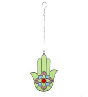 Stained Glass Hamsa With Lotus Symbol With Hanging Chain