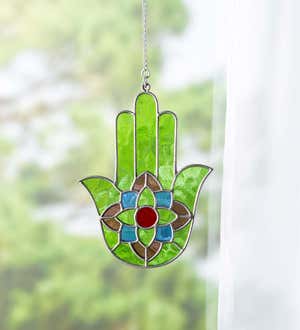 Stained Glass Hamsa With Lotus Symbol With Hanging Chain