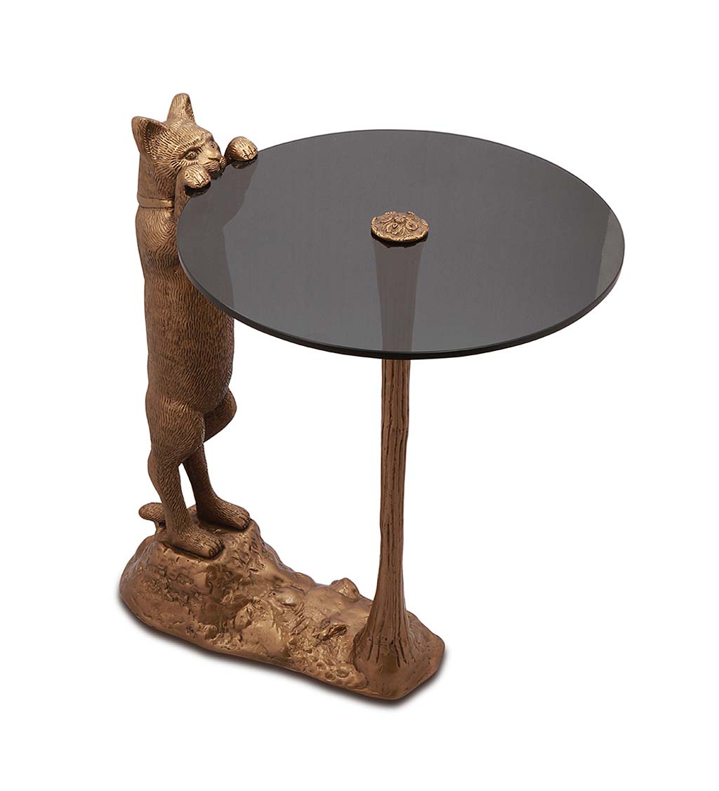 Handcrafted Curious Cat Glass-Topped Side Table