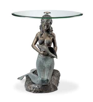 Cast Aluminum Mermaid Table in Bronze and Patina Finish with Round Glass Top