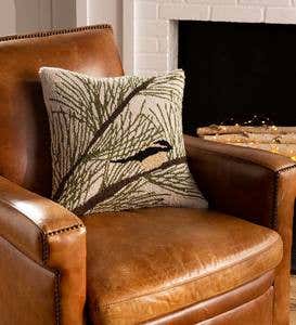 Chickadee in an Evergreen Tree Indoor 100% Wool Hooked Pillow