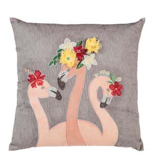 Embroidered Flamingos Throw Pillow
