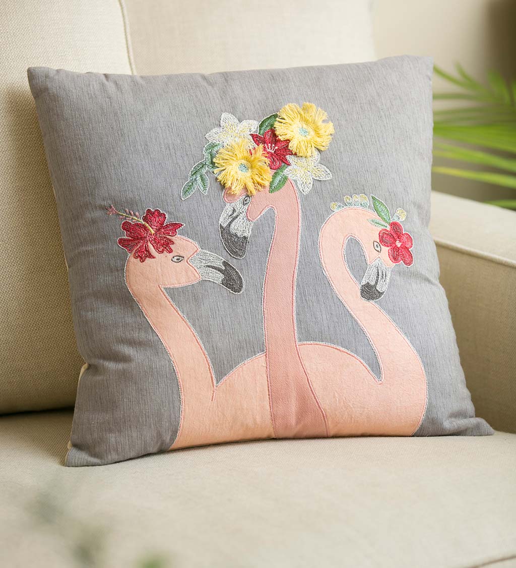 Embroidered Flamingos Throw Pillow